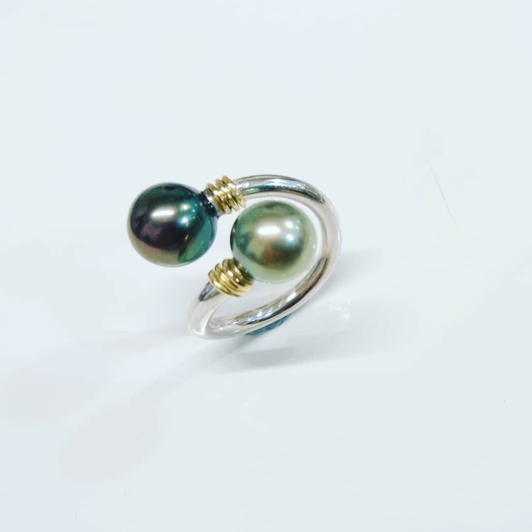 Bague argent et or, perles de Tahiti